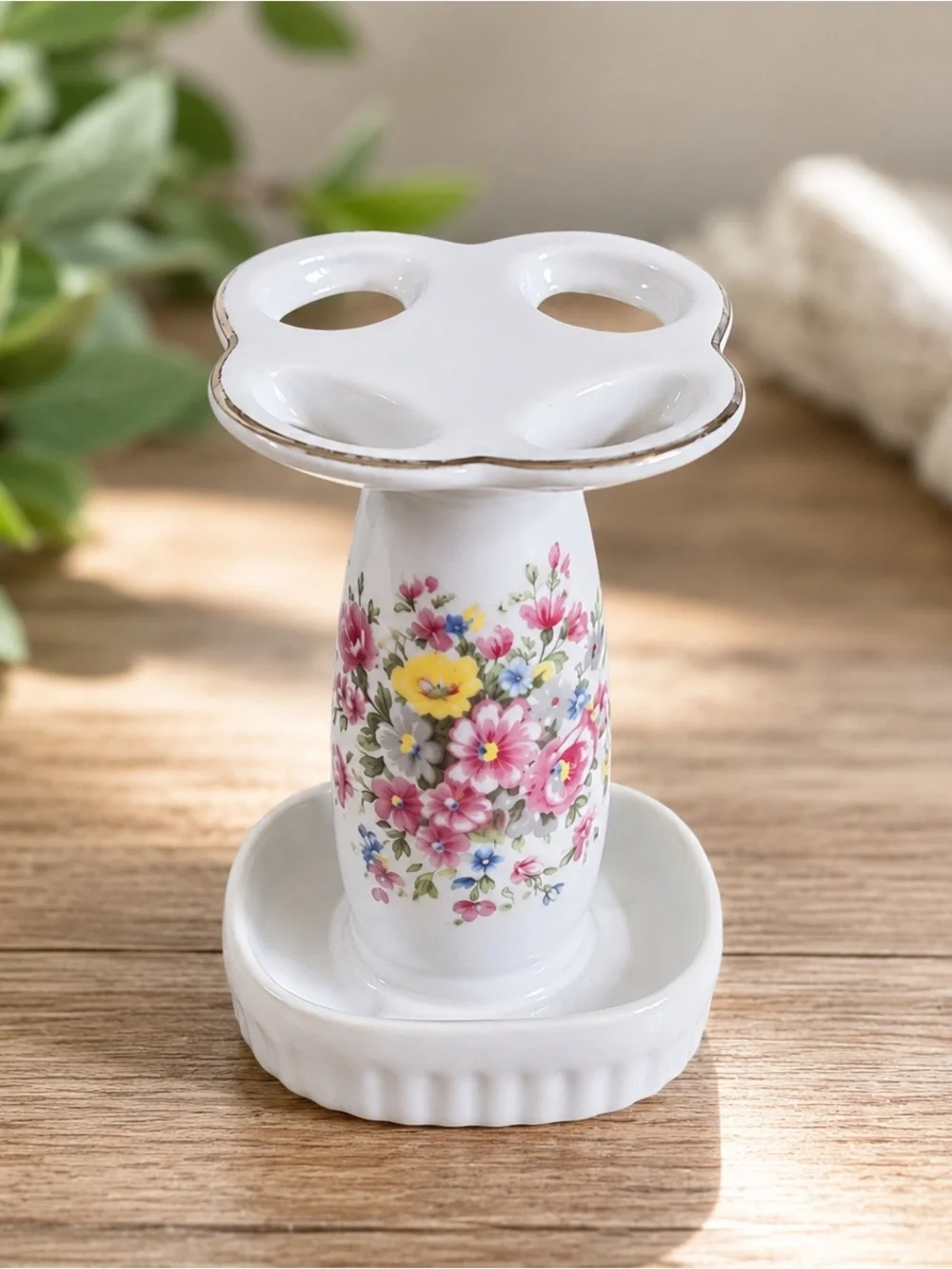 Vintage Floral Porcelain Toothbrush Holder Japan Vanity Organizer